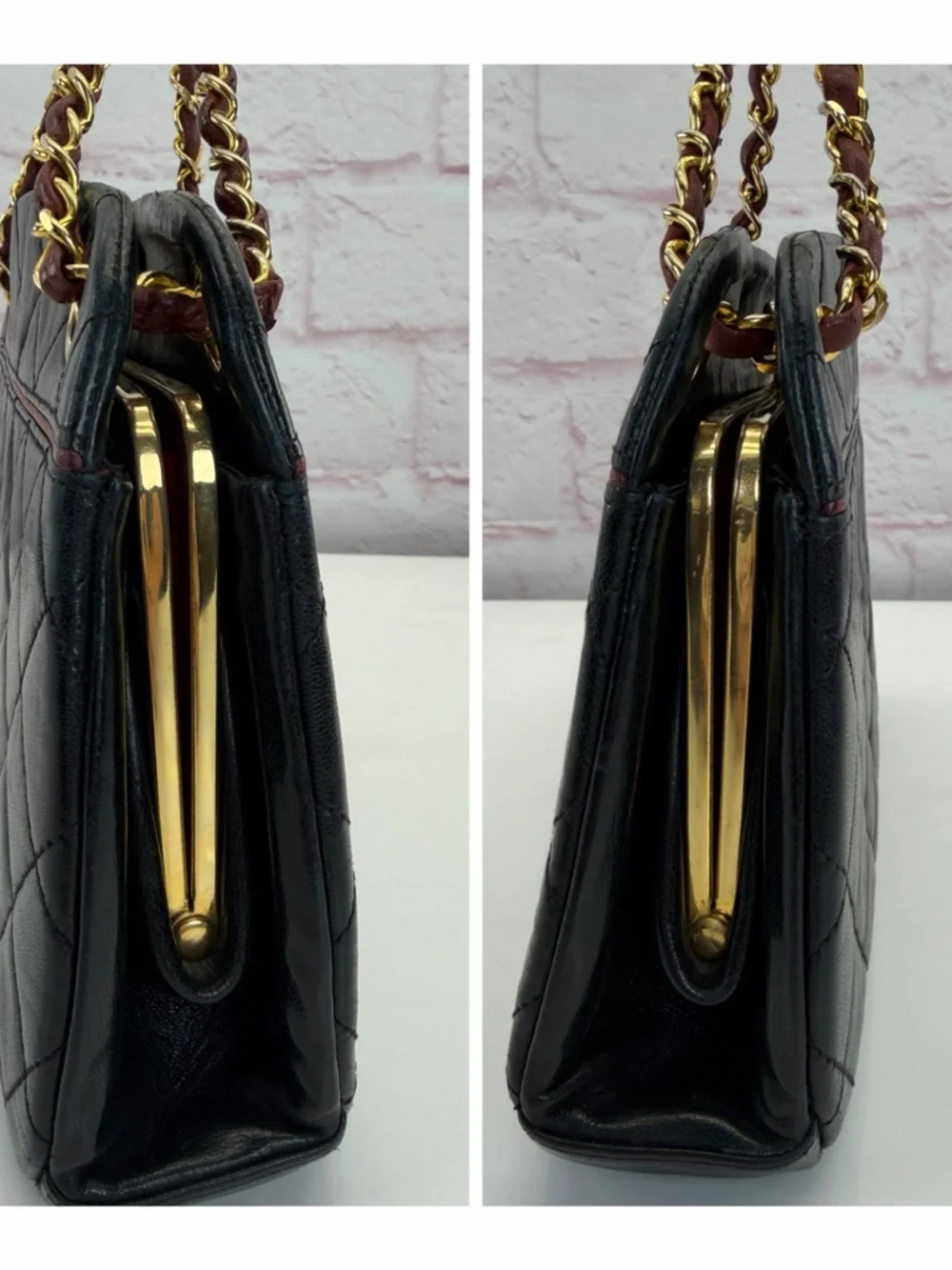 Chanel Vintage Calfksin Black Quilted Chain Kisslock Shoulder Bag